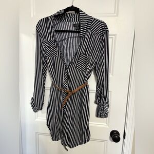 Navy and White Striped Shirt Dress with Brown Belt